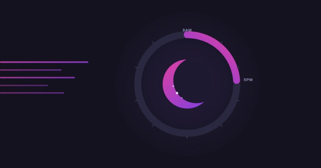 Dial showing the 40 open hours out of a 168-hour week, highlighted in Renvoxa's purple-to-magenta gradient with a crescent moon at the centre