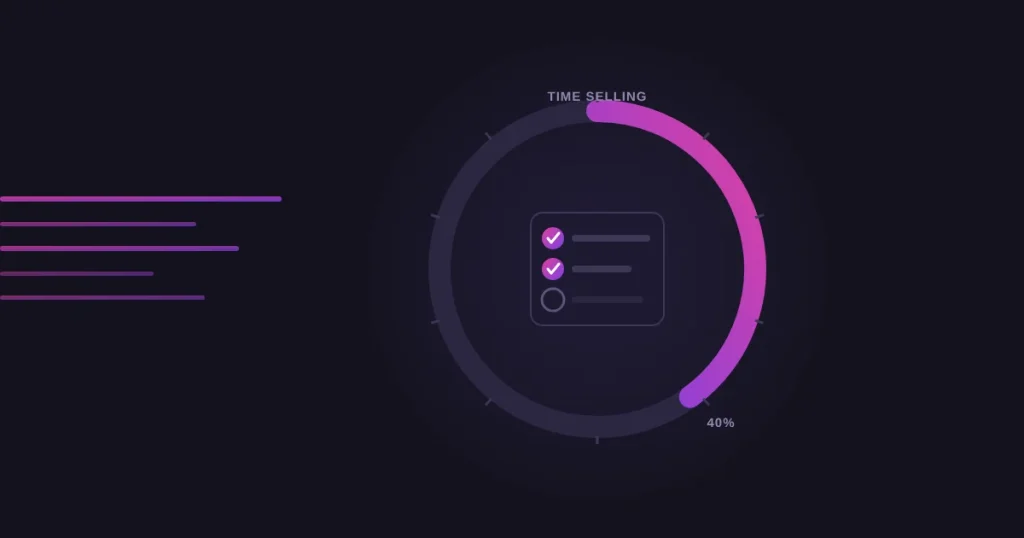 Dial graphic in Renvoxa's purple-to-magenta gradient with a qualification checklist at the centre, showing that sales reps spend only 40% of their time selling
